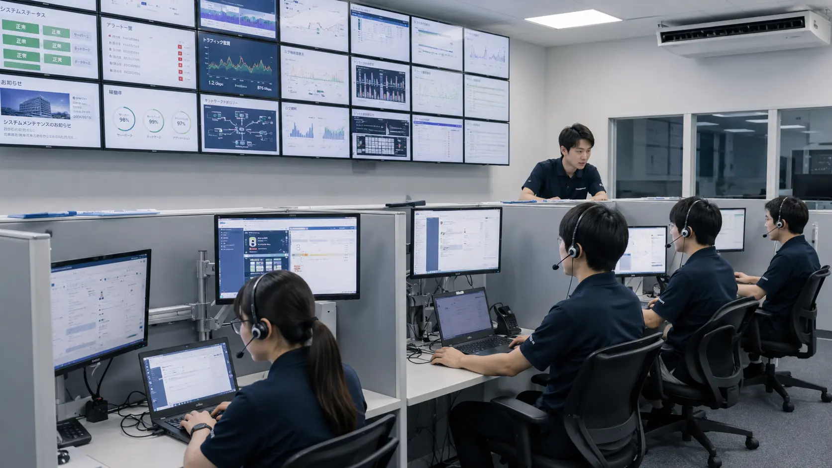IT professionals working at computer stations with headsets in a network operations center, monitoring system data on large wall-mounted dashboard screens.